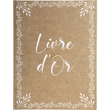 Livre brun avec cadre floral blanc et 'Livre d'Or' en écriture cursive.