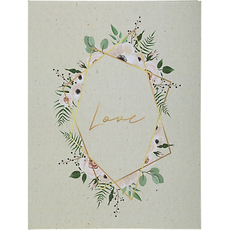 Fond vert clair avec cadre doré, fleurs et l'inscription "Love".