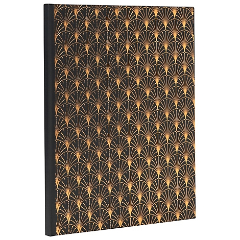 Cahier noir avec un motif art déco géométrique doré. Dos noir.