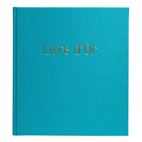 Un livre turquoise avec des lettres dorées : Livre d'Or.