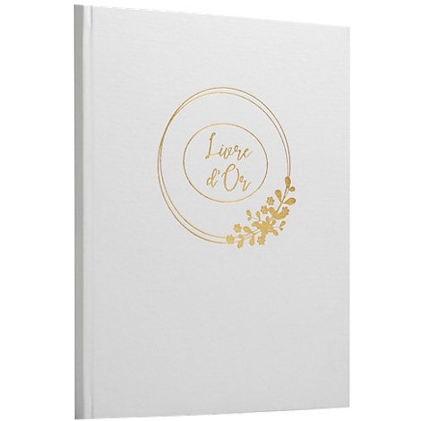 Livre blanc avec lettrage doré : Livre d'Or. Orné d'une couronne florale.