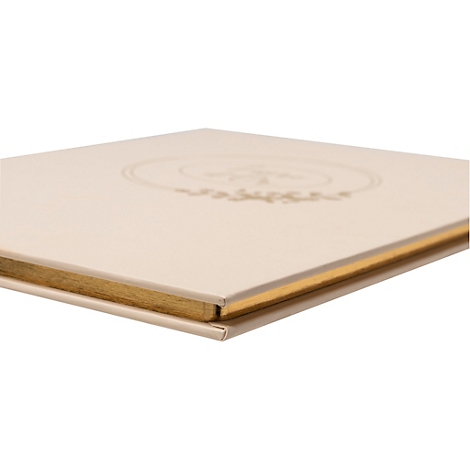 Livre carré beige, tranche dorée, gaufrage doré sur la couverture.