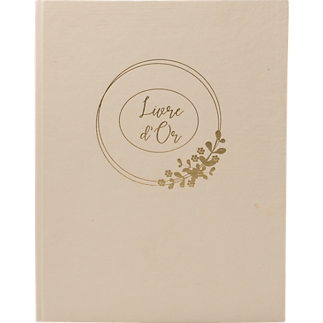 Livre beige avec des détails dorés et le texte "Livre d'Or".