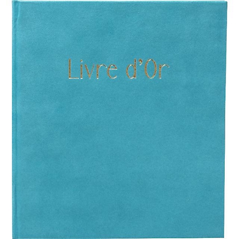 Livre bleu turquoise avec texte doré en relief: "Livre d'Or".
