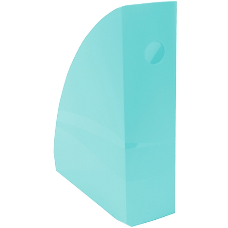 Turquoise plastic tijdschrifthouder, met een rond handvat.