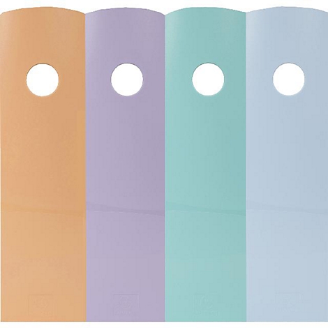 Quatre morceaux de papier colorés avec un trou en haut. Couleurs : orange, violet, turquoise et bleu clair.