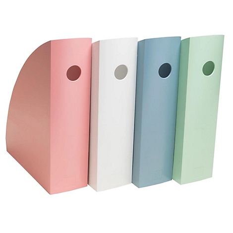 Quatre paniers à papier colorés : rose, blanc, bleu et vert. Ils ont un trou rond. Devant blanc.