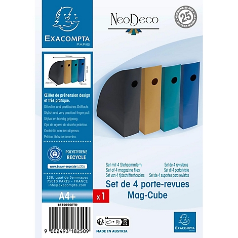 Emballage du produit avec quatre porte-revues noirs, jaunes, turquoise et bleus. Texte : 'Set de 4 porte-revues'.