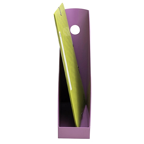 Porte-revues violet, contenant une feuille verte.