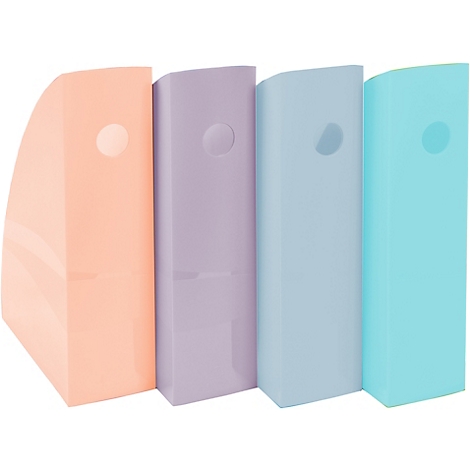 Vier farbige Ordner stehen nebeneinander. Jeder hat ein Loch zum Greifen.