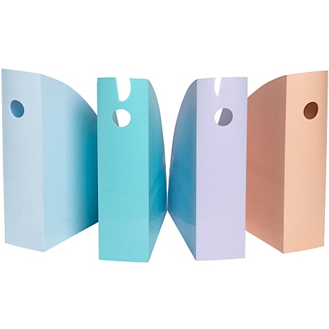 Vier farbige Ordner stehen nebeneinander. Jeder hat ein Loch oder eine Aussparung. Farben: blau, türkis, lila, pfirsich.