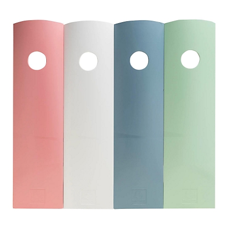 Vier farbige, längliche Objekte mit rundem Loch. Rosa, Weiß, Blau und Grün, alle auf weißem Grund.