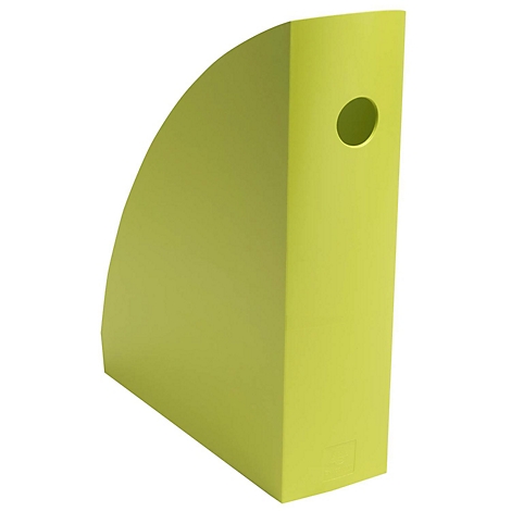 Hellgrüner Zeitschriftenhalter mit rundem Loch und abgerundeter Ecke, freigestellt.