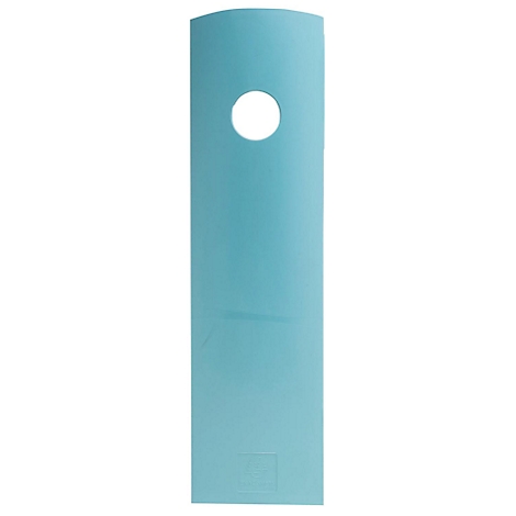 Hellblaues, längliches Etikett mit abgerundeter Oberseite und einem Loch. Unten ein kleines Rechteck.