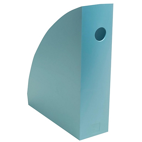 Hellblaues, halbrundes Zeitschriftenregal mit rundem Loch und Logo.