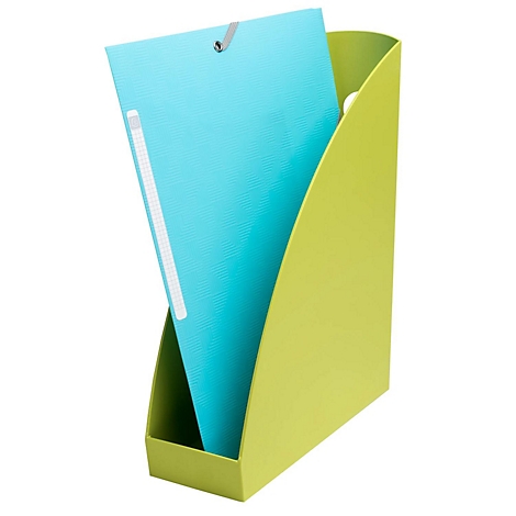 Hellgrüner Zeitschriftenständer mit blauem Dokument. Der Ständer hat eine abgerundete Form, das Dokument eine weiße Klemmleiste.