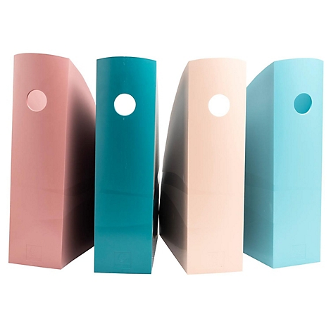 Vier farbige Ordner stehen nebeneinander. Jeder hat ein Loch zum Greifen. Die Farben sind Rosa, Türkis, Beige und Hellblau.