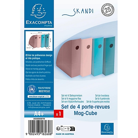 Produktverpackung mit 4 farbigen Zeitschriftenhaltern. Aufgedruckter Text und Logos.