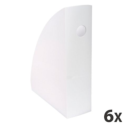 Witte tijdschriftenhouder, afgerond aan de zijkant met een handgreep. Tekst "6x".