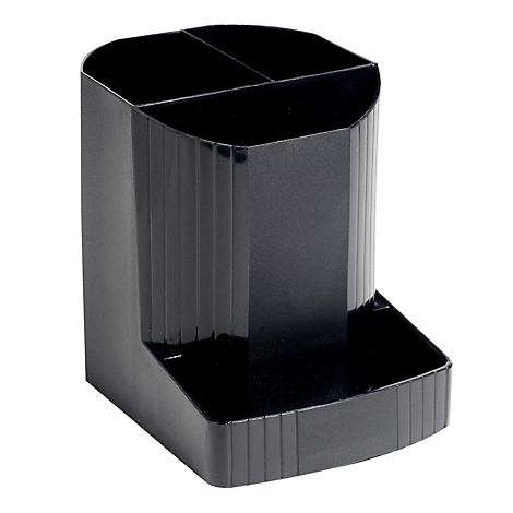Porte-stylos noir, divisé en plusieurs compartiments, avec rangement intégré.