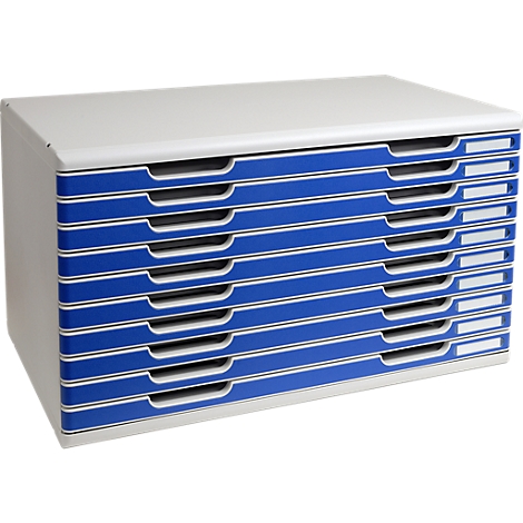 Meerlaags opslagsysteem in wit en blauw met lades. Elke lade heeft een handvat en een naamlabelhouder.