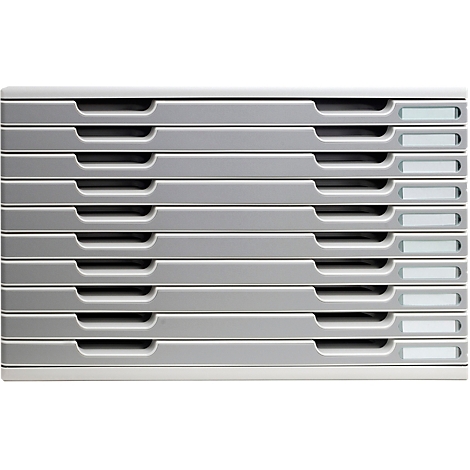 Grijze, meerlaagse documentenbak met verzonken handgrepen en etiketteringsvelden.