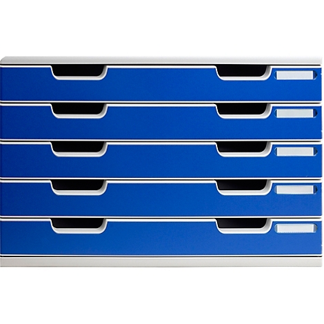 Blauwe bakkenstandaard met vier laden. De laden worden gescheiden door een wit frame.