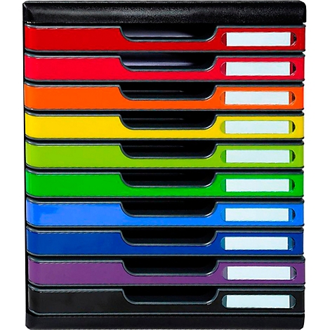 Pile de bacs à dossiers multicolores avec étiquettes. Couleurs : rouge, orange, jaune, vert, bleu, violet, noir. Chaque bac a un champ d'étiquette blanc.