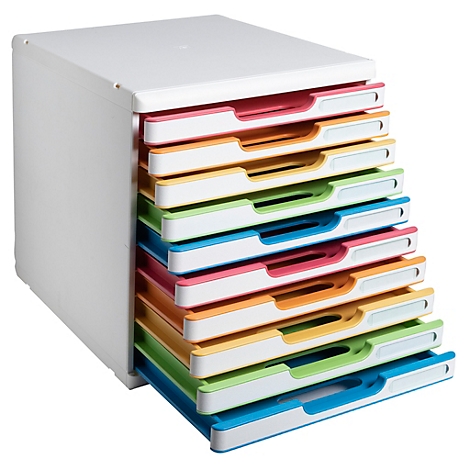 Organisateur de tiroirs multicolore avec différents tons de couleurs.
