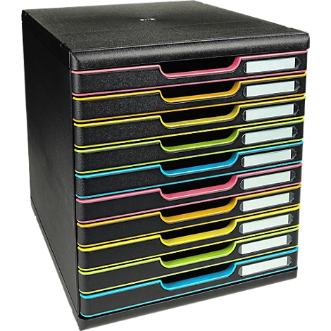 Organisateur de documents noir avec tiroirs colorés. Chaque tiroir a une zone d'étiquette de nom blanche.