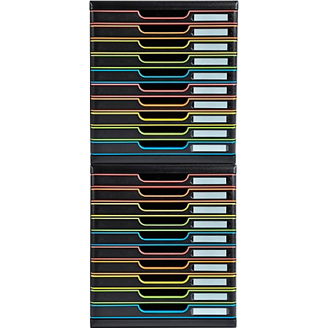 Organisateur de documents noir avec des tiroirs colorés en bleu, vert, jaune et orange. Chaque tiroir a un champ d'étiquette blanc.