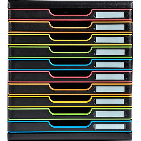 Pile de bacs à documents noirs avec des accents colorés en rose, orange, jaune, vert et bleu. Étiquettes blanches.