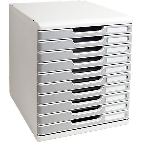 Organisateur de documents gris et empilable avec huit tiroirs et porte-noms.