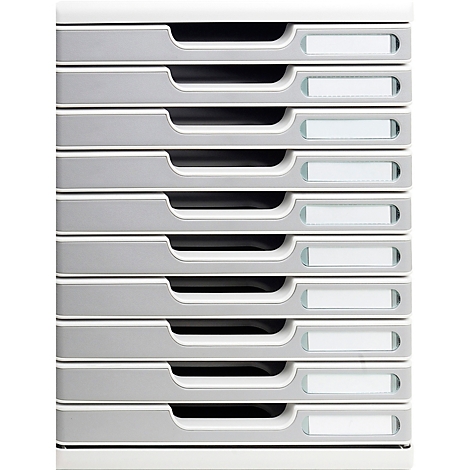 Bac à documents vertical gris avec 10 compartiments, chacun avec une étiquette. Le compartiment inférieur est fermé.