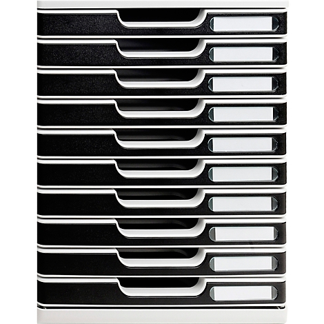 Bac à dossiers noir et blanc avec 10 compartiments. Chaque compartiment a un petit champ d'étiquette blanc.