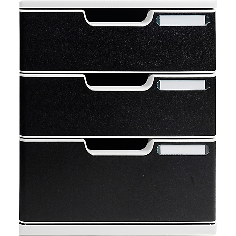 Tour de documents noir à trois tiroirs, avec cadre et poignée blancs.