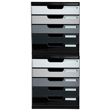 Mehrfarbiger Schubladenschrank mit neun Schubladen, in Schwarz-, Grau- und Weißtönen.