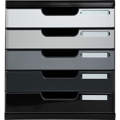 Mehrfarbiger Schubladenschrank mit fünf Schubladen, von hellgrau bis schwarz.