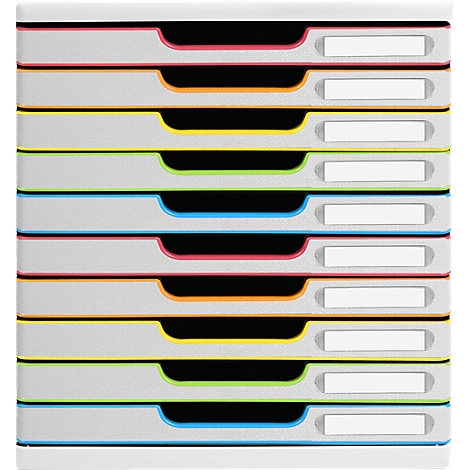 Multicolor stapelbare brieftoren met lege labelvelden. Elke lade heeft een andere kleur.