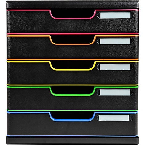 Organisateur de documents noir avec cinq tiroirs aux accents colorés : rose, orange, jaune, vert et bleu.