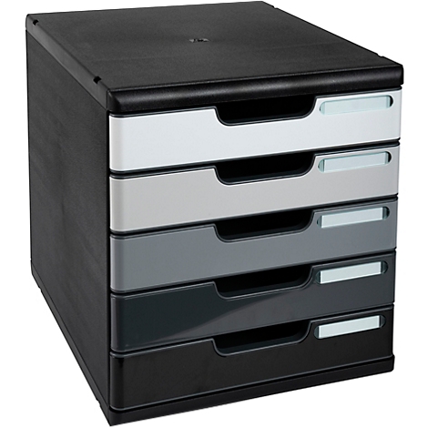 Classeur de bureau noir avec cinq tiroirs dans différentes nuances de gris.