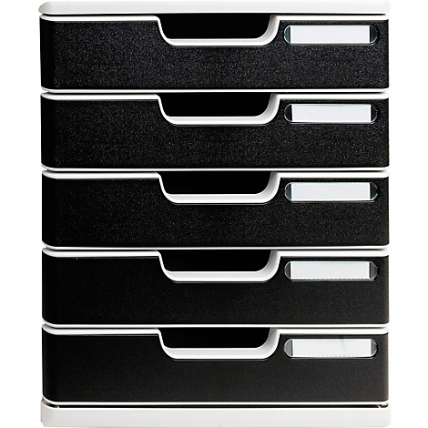 Organisateur de documents noir, empilable, avec cinq tiroirs. Chaque tiroir a une poignée blanche et un porte-étiquette blanc.