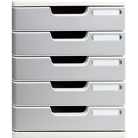 Grauer Aktenorganizer mit 5 Schubladen. Jede Schublade hat einen Griff und ein Namensschild.