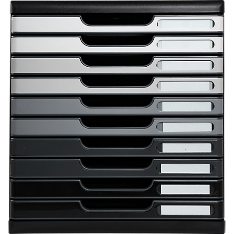 Mehrschichtiges Ablagesystem, Schwarz-Grau-Töne. Etiketten für Beschriftung sind sichtbar. Eine praktische Lösung für Ordnung.