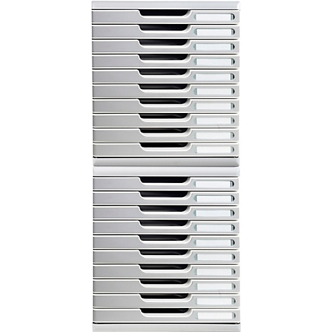 Grauer Dokumentenablage-Turm, viele Schubladen mit kleinen Beschriftungsfeldern. Sieht sehr minimalistisch aus.