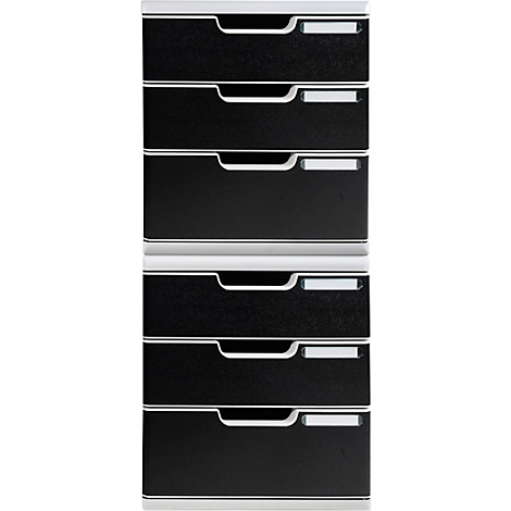 Schwarzer Schubladenturm mit 6 Schubladen und weißen Griffen.