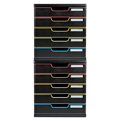 Schwarzer Dokumenten-Ablagestapel mit farbigen Akzenten: rot, gelb und blau. Jedes Fach hat ein Beschriftungsfeld.