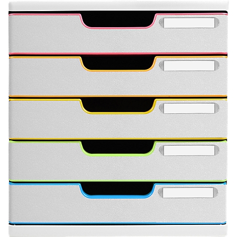 Grauer Schreibtisch-Organizer mit farbigen Schubladen. Pink, gelb, grün und blau umranden die Schubladen.