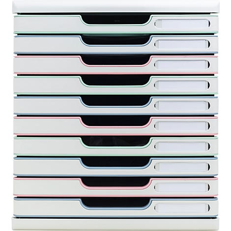 Een wit opbergsysteem met tien lades, afgezet met gekleurde accenten in roze, blauw en groen.
