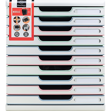 Documentbak met meerdere compartimenten. Elk compartiment heeft een gekleurde rand en een labelgedeelte. Er zit een sticker bovenop.